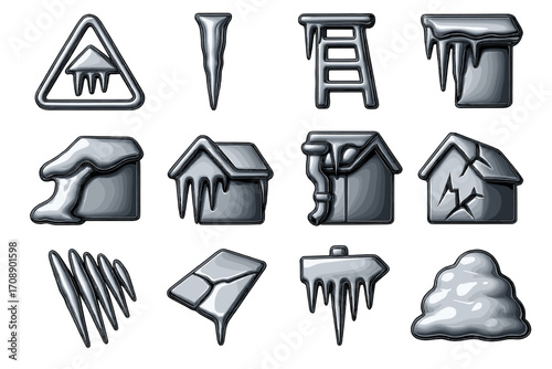 Winter hazards silhouette icon set. featuring snow, icicle, ladder, roof, icicles, crack, and melting symbols