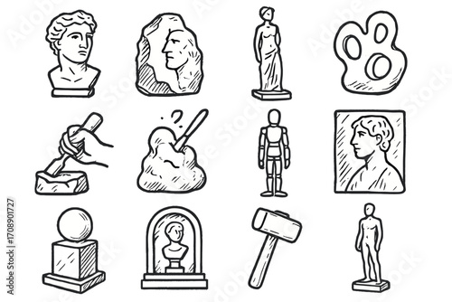 Art and sculpture linear icon set. featuring bust, statue, block, chisel, marble, and monument symbols