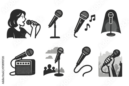 Music performance silhouette icon set. featuring singer, microphone, amp, music notes, sound, and audience symbols
