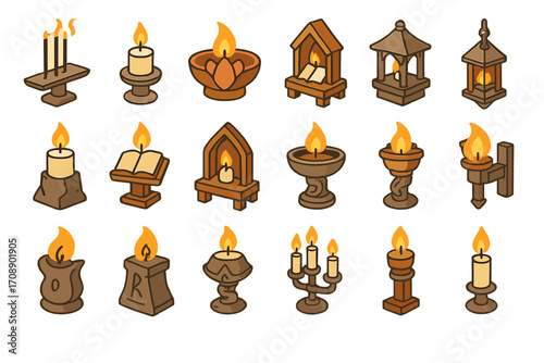Candleholders linear icons set. featuring candelabra, lantern, votive, altar, and pedestal designs
