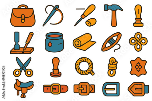 Crafting tools linear icons set. featuring leather, needle, thread, hammer, knife, and belt symbols