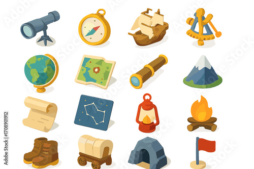 Adventure exploration flat icon set. featuring telescope, compass, ship, sextant, globe, map, mountain