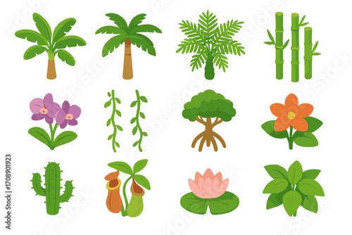 Nature plants flat icon set. featuring palm tree, bamboo, orchid, mangrove, venus flytrap symbols
