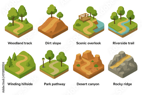 Nature trails isometric icon set. featuring woodland track, dirt slope, scenic overlook, and riverside trail symbols