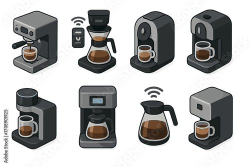 Coffee makers flat icon set. featuring espresso, drip, single-serve, percolator, and smart coffee machines