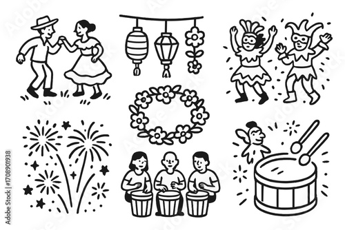 Festival celebration silhouette icon set. featuring dance, lantern, mask, fireworks, flower, drum, and musicians