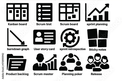 Agile project management silhouette icon set. featuring kanban board, scrum list, sprint planning, and user story card