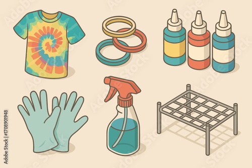 Craft supplies flat icon set. featuring t-shirt, dye, gloves, spray bottle, rubber bands, rack.