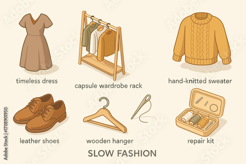 Slow fashion flat icon set. featuring dress, wardrobe, sweater, shoes, hanger, needle, and repair kit