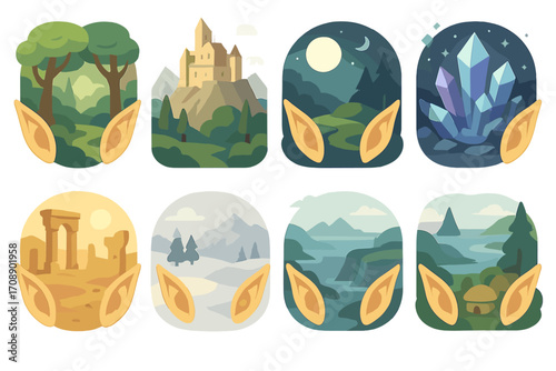 Fantasy nature flat icon set. featuring forest, castle, moon, crystals, ruins, mountains, river, and mushroom scenes