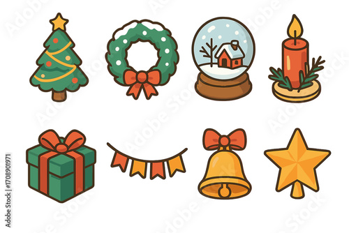 Christmas celebration flat icon set. featuring tree, wreath, snow globe, candle, gift, garland, bell, and star