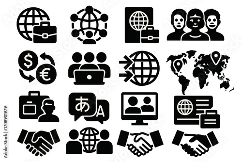 Business and communication silhouette icon set. featuring globe, teamwork, currency, translation, and handshake symbols