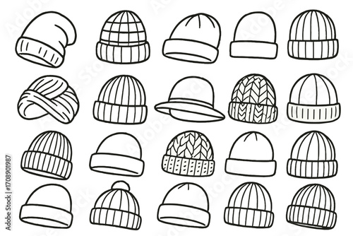 Winter hats linear icon set. featuring beanie, beret, bucket, pom-pom, ribbed, and cable-knit styles