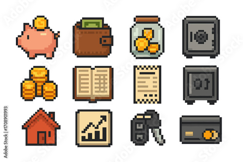Finance and security pixel art icon set. featuring piggy bank, wallet, coins, safe, and card symbols