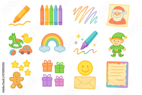 Christmas and kids toys flat icon set. featuring santa, crayons, rainbow, elf, and gift symbols