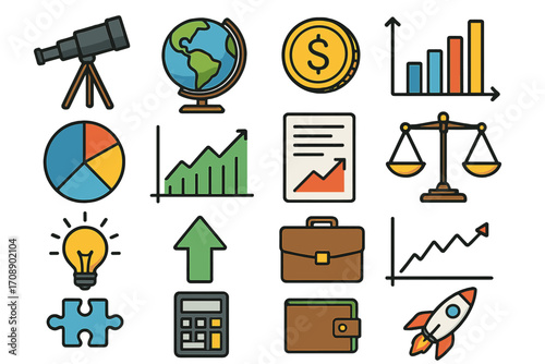 Business growth flat icon set. featuring telescope, globe, dollar, chart, pie, scales, and rocket symbols