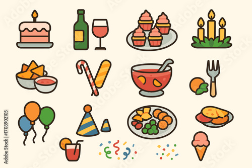 Party elements flat icon set. featuring cake, wine, cupcakes, candles, chips, candy cane, punch, fork, balloons, party hat.
