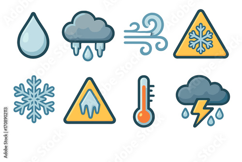 Weather conditions flat icon set. featuring rain, cloud, wind, snowflake, warning, and thermometer symbols