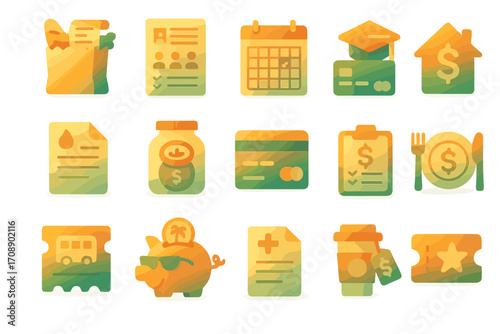 Business and finance silhouette icons set. featuring resume, calendar, credit card, investment, transaction, and savings symbols
