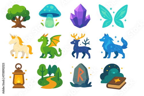 Fantasy elements flat icon set. featuring tree, mushroom, crystal, butterfly, unicorn, dragon, deer, wolf, lantern, path, rune stone, book