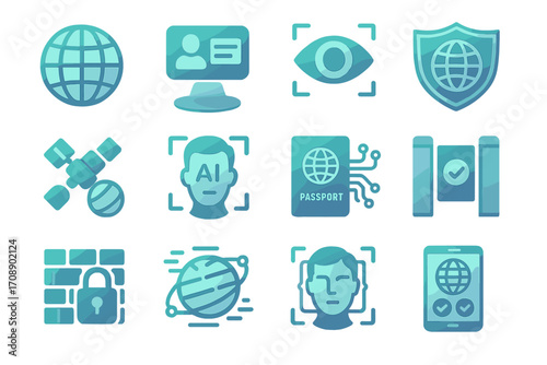 Security and identification silhouette icon set. featuring globe, id card, eye, shield, satellite, ai, passport, and lock symbols