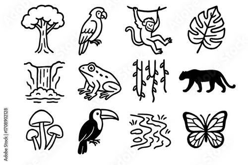 Jungle animals silhouette icons set. featuring tree, parrot, monkey, leaf, waterfall, frog, vine, panther, mushroom