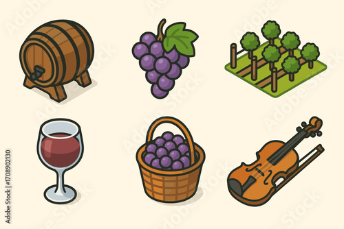 Wine production flat icon set. featuring barrel, grapes, vineyard, glass, basket, and violin symbols