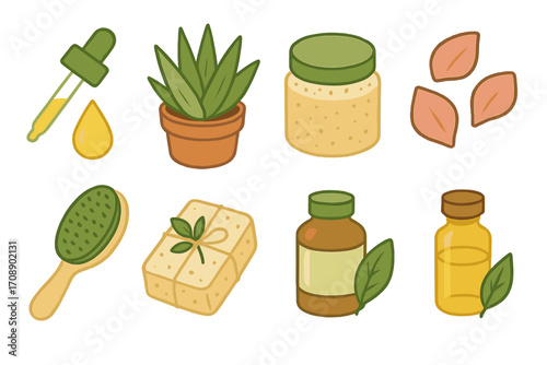 Natural skincare flat icon set. featuring dropper, aloe, jar, leaves, brush, soap, bottle, and essential oil