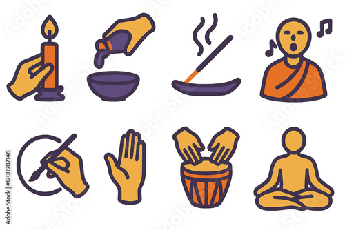 Meditation and relaxation flat icon set. featuring candle, chanting, incense, zen, and mindfulness symbols