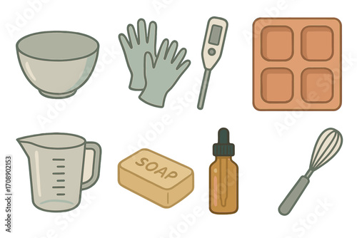 Kitchen essentials linear icon set. featuring bowl, gloves, thermometer, mold, measuring cup, soap, dropper, and whisk