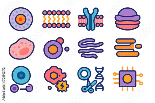 Biology flat icon set. featuring cell, molecule, dna, membrane, nucleus, chromosome, and organelle symbols