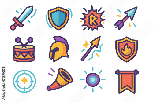 Medieval warfare neon icon set. featuring sword, shield, helmet, drum, arrow, spear, trumpet, and banner symbols