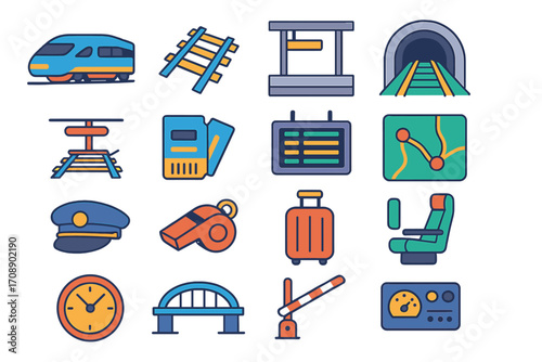 Transportation flat icon set. featuring train, tracks, station, tunnel, ticket, map, luggage, and seat symbols