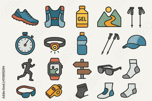 Trail running flat icon set. featuring shoes, vest, gel, mountains, watch, stopwatch, bottle, and map symbols