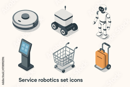 Service robotics isometric icon set. featuring robotic vacuum, delivery robot, humanoid robot, kiosk, shopping cart, luggage
