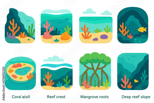 Marine life habitat flat icons set: coral atoll, reef crest, mangrove roots, deep reef slope