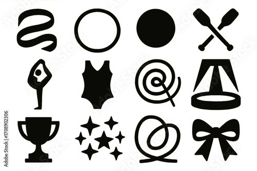 Gymnastics silhouette icon set. featuring ribbon, hoop, ball, clubs, pose, leotard, spiral, beam, trophy, stars, knot, bow