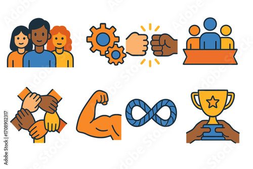 Collaboration and teamwork gradient icon set. featuring team, partnership, cooperation, success, and trophy symbols