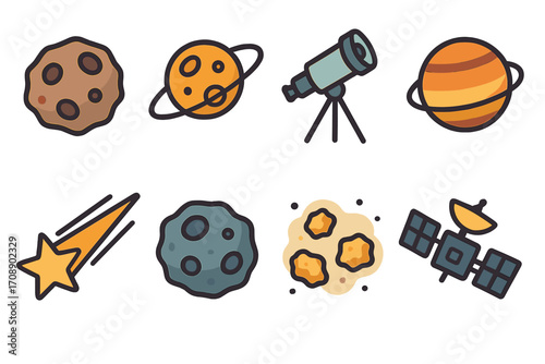 Space exploration flat icons set. featuring planets, telescope, star, meteorite, asteroid, and satellite symbols