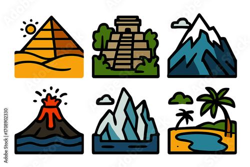Landmark silhouette icon set. pyramid, temple, mountain, volcano, iceberg, beach symbols