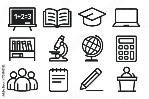 Education linear icon set. featuring blackboard, book, graduation, laptop, bookshelf, microscope, globe, calculator, group, notepad, pencil, podium symbols