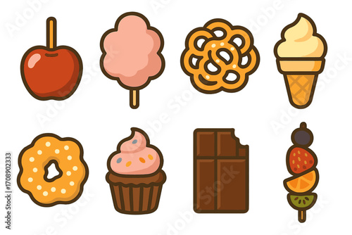 Sweet treats flat icon set. featuring candy apple, cotton candy, pretzel, ice cream, donut, cupcake, chocolate, fruit skewer