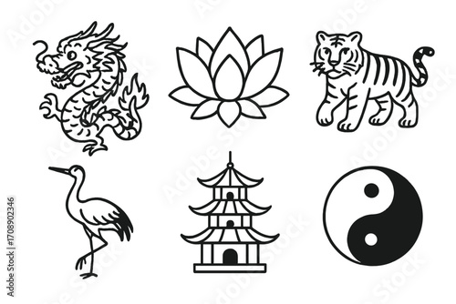 Asian culture linear icons set. featuring dragon, lotus, tiger, crane, pagoda, and yin-yang