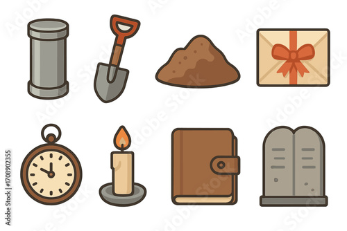 Treasure hunt linear icon set. featuring map, shovel, soil, letter, clock, candle, diary, tombstone