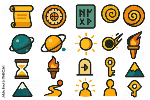 Ancient symbols flat icon set. featuring scroll, compass, runes, spirals, planets, sun, torch, hourglass, key, mountain
