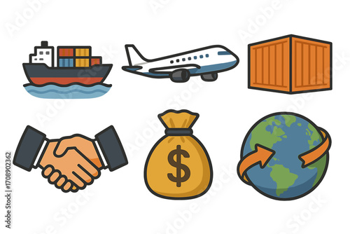 Logistics and transportation flat icon set. featuring ship, plane, container, handshake, money, globe symbols