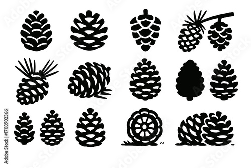 Nature silhouette icon set. featuring pine cones, needles, cedar, fir, spruce, and evergreen symbols