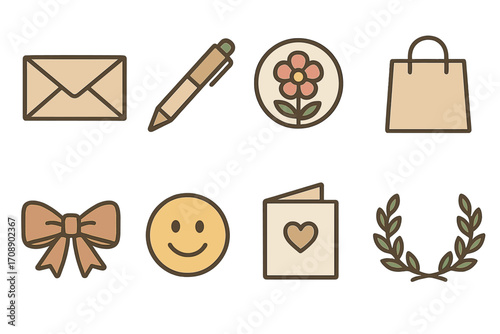 Shopping and celebration flat icon set. featuring email, pen, flower, bag, bow, smiley, card, laurel symbols