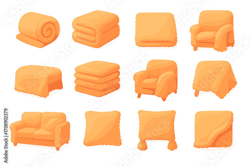 Home textiles silhouette icon set. featuring sofa, pillow, blanket, chair, bedsheet, cushion, and quilt