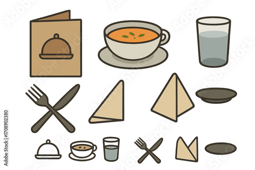 Restaurant flat icon set. featuring menu, soup, water glass, cutlery, napkin, dish symbols
